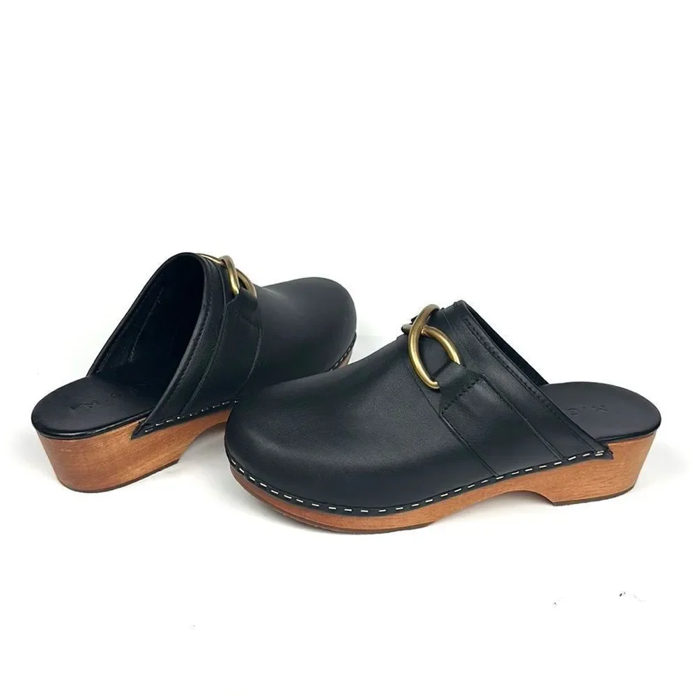 M. Gemi Black Leather Mules with Gold Accent - Picture 5 of 16